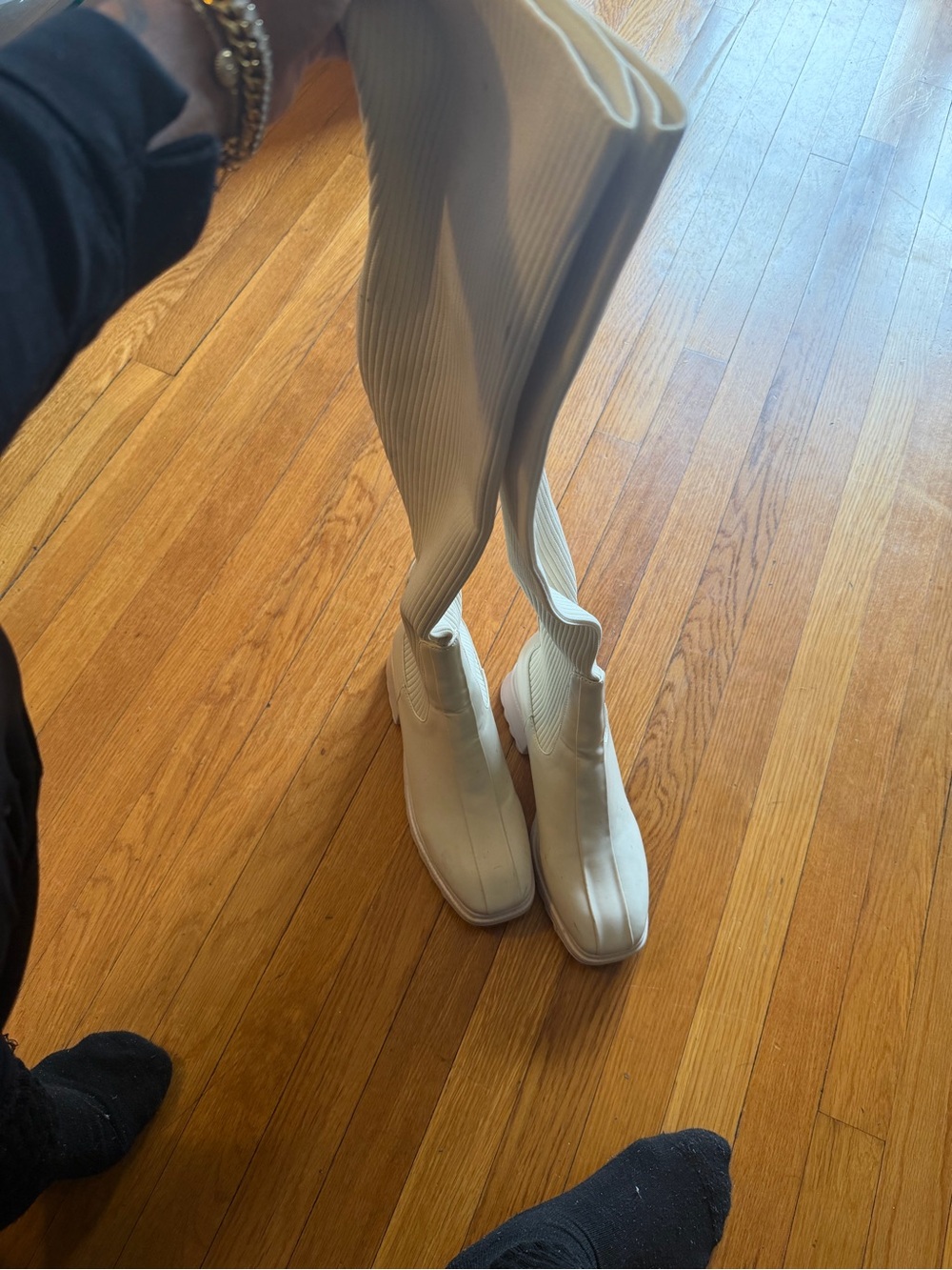 Boohoo Cream Ribbed Sock Heeled Boots